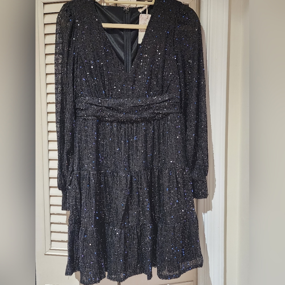 Hem & Thread Glittering Black Long Sleeve Sequin Dress S NWT